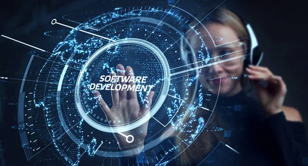 Sviluppo Software Iscrizione Sul Display Virtuale Business Tecnologia Moderna Internet — Foto Stock