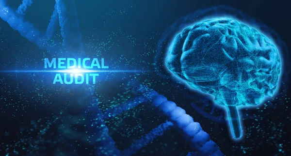 Modern Technológia Egészségügyben Orvosi Diagnózis Gyógyszer Audit Felirat Virtuális Képernyőn — Stock Fotó