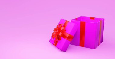 Renkli arka planda kırmızı kurdeleli tek hediye kutusu.