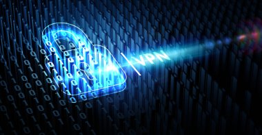 İş, Teknoloji, İnternet ve ağ konsepti. VPN ağ güvenliği internet gizlilik şifreleme kavramı. 3d illüstrasyon