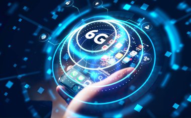 6G ağı konsepti, yüksek hızlı mobil internet, yeni nesil ağlar. İş, modern teknoloji, İnternet ve ağ kurma kavramı.       