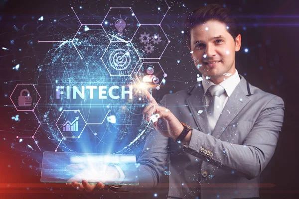 Fintech Financial Technology Conceptept Young 사업가는 디스플레이의 아이콘 Fintech — 스톡 사진