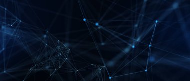 Soyut fütüristik, koyu mavi arka planda çokgen şekilli teknoloji. Dijital teknoloji konsepti tasarla. 3d illüstrasyon