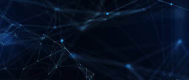 Soyut fütüristik, koyu mavi arka planda çokgen şekilli teknoloji. Dijital teknoloji konsepti tasarla. 3d illüstrasyon