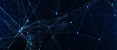 Soyut fütüristik, koyu mavi arka planda çokgen şekilli teknoloji. Dijital teknoloji konsepti tasarla. 3d illüstrasyon