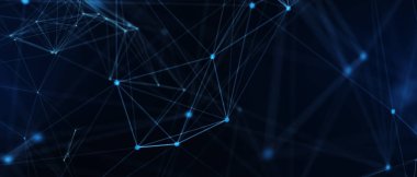 Soyut fütüristik, koyu mavi arka planda çokgen şekilli teknoloji. Dijital teknoloji konsepti tasarla. 3d illüstrasyon