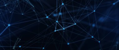 Soyut fütüristik, koyu mavi arka planda çokgen şekilli teknoloji. Dijital teknoloji konsepti tasarla. 3d illüstrasyon