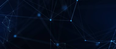 Soyut fütüristik, koyu mavi arka planda çokgen şekilli teknoloji. Dijital teknoloji konsepti tasarla. 3d illüstrasyon