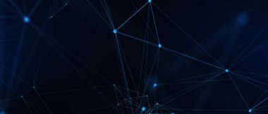 Soyut fütüristik, koyu mavi arka planda çokgen şekilli teknoloji. Dijital teknoloji konsepti tasarla. 3d illüstrasyon