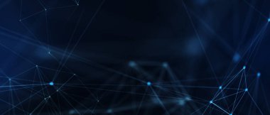 Soyut fütüristik, koyu mavi arka planda çokgen şekilli teknoloji. Dijital teknoloji konsepti tasarla. 3d illüstrasyon