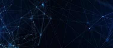 Soyut fütüristik, koyu mavi arka planda çokgen şekilli teknoloji. Dijital teknoloji konsepti tasarla. 3d illüstrasyon