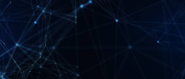 Soyut fütüristik, koyu mavi arka planda çokgen şekilli teknoloji. Dijital teknoloji konsepti tasarla. 3d illüstrasyon