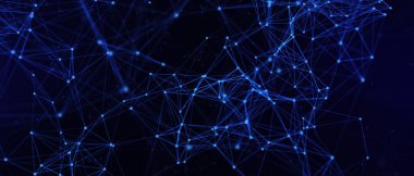 Soyut fütüristik, koyu mavi arka planda çokgen şekilli teknoloji. Dijital teknoloji konsepti tasarla. 3d illüstrasyon