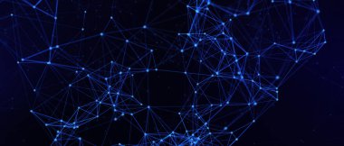 Soyut fütüristik, koyu mavi arka planda çokgen şekilli teknoloji. Dijital teknoloji konsepti tasarla. 3d illüstrasyon