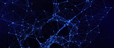 Soyut fütüristik, koyu mavi arka planda çokgen şekilli teknoloji. Dijital teknoloji konsepti tasarla. 3d illüstrasyon