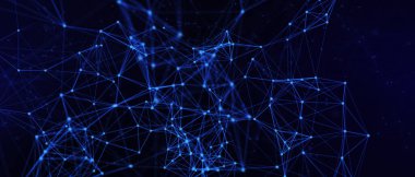 Soyut fütüristik, koyu mavi arka planda çokgen şekilli teknoloji. Dijital teknoloji konsepti tasarla. 3d illüstrasyon