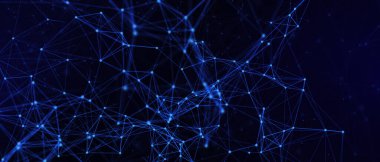 Soyut fütüristik, koyu mavi arka planda çokgen şekilli teknoloji. Dijital teknoloji konsepti tasarla. 3d illüstrasyon