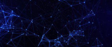 Soyut fütüristik, koyu mavi arka planda çokgen şekilli teknoloji. Dijital teknoloji konsepti tasarla. 3d illüstrasyon