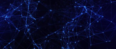 Soyut fütüristik, koyu mavi arka planda çokgen şekilli teknoloji. Dijital teknoloji konsepti tasarla. 3d illüstrasyon