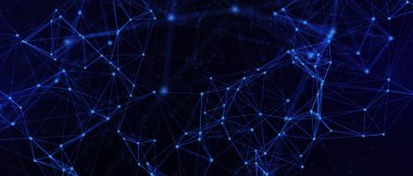 Soyut fütüristik, koyu mavi arka planda çokgen şekilli teknoloji. Dijital teknoloji konsepti tasarla. 3d illüstrasyon