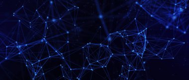 Soyut fütüristik, koyu mavi arka planda çokgen şekilli teknoloji. Dijital teknoloji konsepti tasarla. 3d illüstrasyon