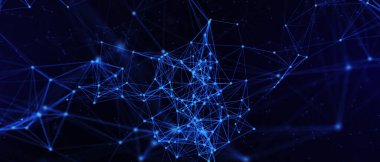 Soyut fütüristik, koyu mavi arka planda çokgen şekilli teknoloji. Dijital teknoloji konsepti tasarla. 3d illüstrasyon