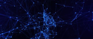 Soyut fütüristik, koyu mavi arka planda çokgen şekilli teknoloji. Dijital teknoloji konsepti tasarla. 3d illüstrasyon