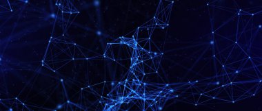 Soyut fütüristik, koyu mavi arka planda çokgen şekilli teknoloji. Dijital teknoloji konsepti tasarla. 3d illüstrasyon