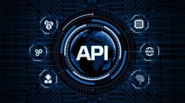 API - Uygulama Programı Arayüzü. Yazılım geliştirme aracı. İş, modern teknoloji, İnternet ve ağ kurma kavramı. 