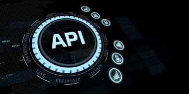 API - Uygulama Programı Arayüzü. Yazılım geliştirme aracı. İş, modern teknoloji, İnternet ve ağ kurma kavramı