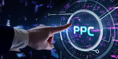 Tıklama başına ödeme teknolojisi dijital pazarlama internet sanal ekran konsepti. PPC