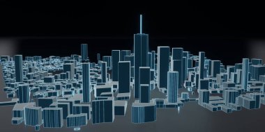 Soyut şehir 3D görüntüleme arkaplanı. Neon ışıklarda modern şehir manzarası. retrowave ve siber punk tarzı