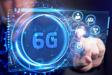 6G ağı konsepti, yüksek hızlı mobil internet, yeni nesil ağlar. İş, modern teknoloji, İnternet ve ağ kurma kavramı. 