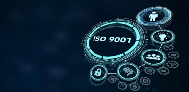 İş, teknoloji, internet ve şebeke kavramı. Geleceğin sanal ekranı ve yazıyı görüyor: ISO 9001