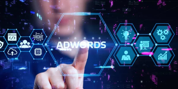 Negócios Tecnologia Internet Conceito Rede Jovem Empresário Mostra Palavra Adwords — Fotografia de Stock