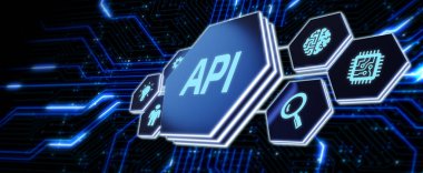 API - Uygulama Programı Arayüzü. Yazılım geliştirme aracı. İş, modern teknoloji, İnternet ve ağ kurma kavramı