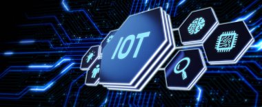 Nesnelerin interneti - IOT konsepti. İş adamı IOT ürünleri ve çözümler sunuyor. 