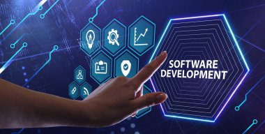 Sanal ekranda Yazıt Geliştirme. İş, modern teknoloji, İnternet ve ağ kurma kavramı.