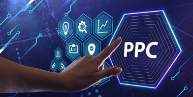 Tıklama başına ödeme teknolojisi dijital pazarlama internet sanal ekran konsepti. PPC