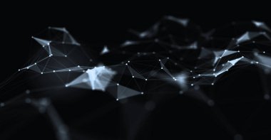 Soyut fütüristik, koyu mavi arka planda çokgen şekilli teknoloji. Dijital teknoloji konsepti tasarla. 3d illüstrasyon