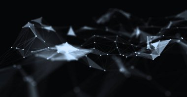 Soyut fütüristik, koyu mavi arka planda çokgen şekilli teknoloji. Dijital teknoloji konsepti tasarla. 3d illüstrasyon