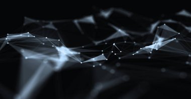 Soyut fütüristik, koyu mavi arka planda çokgen şekilli teknoloji. Dijital teknoloji konsepti tasarla. 3d illüstrasyon