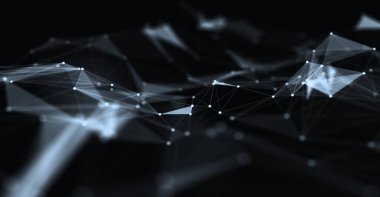 Soyut fütüristik, koyu mavi arka planda çokgen şekilli teknoloji. Dijital teknoloji konsepti tasarla. 3d illüstrasyon