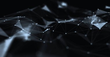 Soyut fütüristik, koyu mavi arka planda çokgen şekilli teknoloji. Dijital teknoloji konsepti tasarla. 3d illüstrasyon