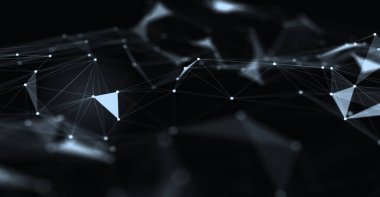 Soyut fütüristik, koyu mavi arka planda çokgen şekilli teknoloji. Dijital teknoloji konsepti tasarla. 3d illüstrasyon