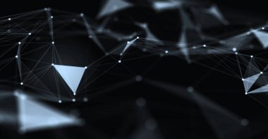 Soyut fütüristik, koyu mavi arka planda çokgen şekilli teknoloji. Dijital teknoloji konsepti tasarla. 3d illüstrasyon