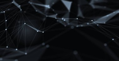 Soyut fütüristik, koyu mavi arka planda çokgen şekilli teknoloji. Dijital teknoloji konsepti tasarla. 3d illüstrasyon