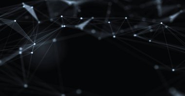 Soyut fütüristik, koyu mavi arka planda çokgen şekilli teknoloji. Dijital teknoloji konsepti tasarla. 3d illüstrasyon