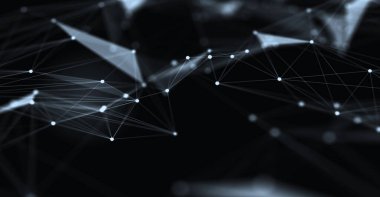 Soyut fütüristik, koyu mavi arka planda çokgen şekilli teknoloji. Dijital teknoloji konsepti tasarla. 3d illüstrasyon