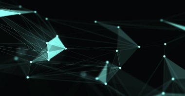 Soyut fütüristik, koyu mavi arka planda çokgen şekilli teknoloji. Dijital teknoloji konsepti tasarla. 3d illüstrasyon